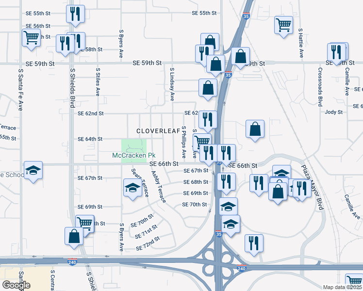 map of restaurants, bars, coffee shops, grocery stores, and more near 6520 South Lindsay Avenue in Oklahoma City