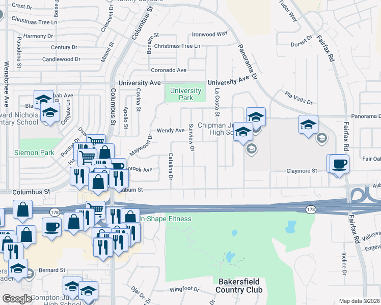 map of restaurants, bars, coffee shops, grocery stores, and more near 2924 Sunview Drive in Bakersfield