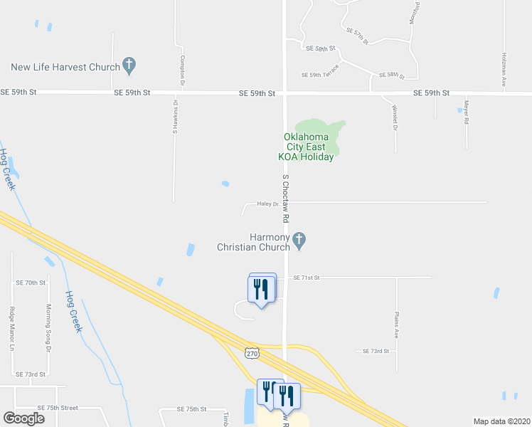 map of restaurants, bars, coffee shops, grocery stores, and more near 6501 South Choctaw Road in Choctaw