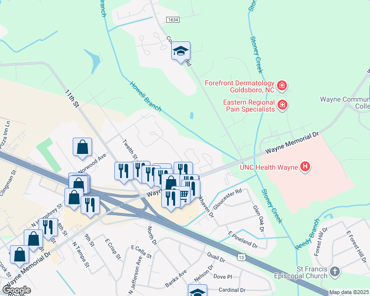 map of restaurants, bars, coffee shops, grocery stores, and more near 209 West Lockhaven Drive in Goldsboro