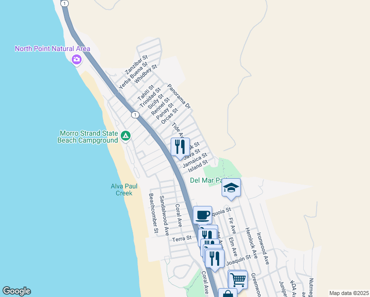 map of restaurants, bars, coffee shops, grocery stores, and more near 381 Kodiak Street in Morro Bay