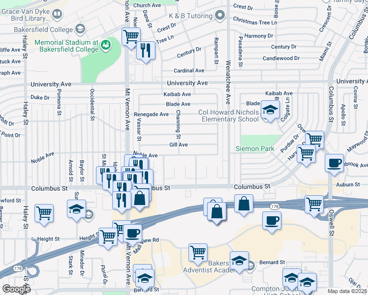 map of restaurants, bars, coffee shops, grocery stores, and more near 2707 Gill Avenue in Bakersfield