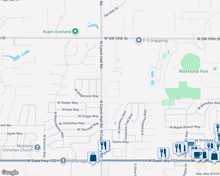 map of restaurants, bars, coffee shops, grocery stores, and more near 912 North Barn Hill Way in Mustang