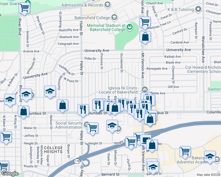 map of restaurants, bars, coffee shops, grocery stores, and more near 2905 Arnold Street in Bakersfield