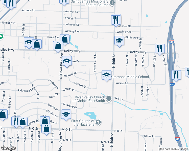 map of restaurants, bars, coffee shops, grocery stores, and more near 2221 North 47th Terrace in Fort Smith