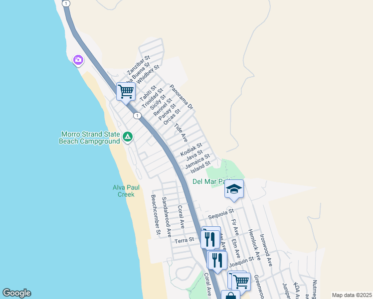 map of restaurants, bars, coffee shops, grocery stores, and more near 381 Kodiak Street in Morro Bay