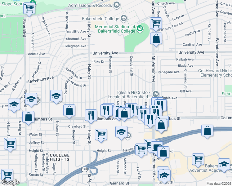 map of restaurants, bars, coffee shops, grocery stores, and more near 2824 Arnold Street in Bakersfield