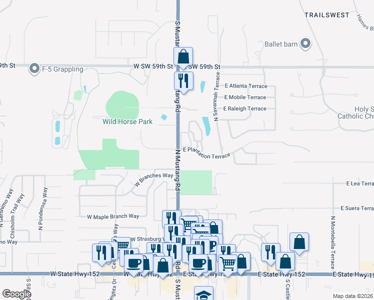 map of restaurants, bars, coffee shops, grocery stores, and more near 928 North Mustang Road in Mustang
