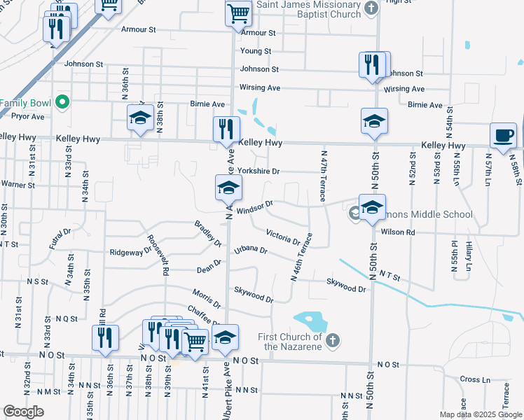 map of restaurants, bars, coffee shops, grocery stores, and more near 4308 Wynnewood Drive in Fort Smith