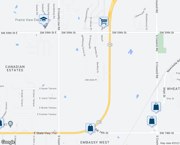 map of restaurants, bars, coffee shops, grocery stores, and more near 6535 Bentwood Drive in Oklahoma City