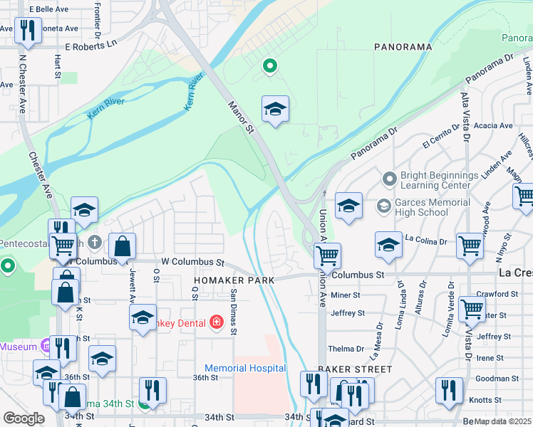 map of restaurants, bars, coffee shops, grocery stores, and more near 4505 Isla Verde Street in Bakersfield