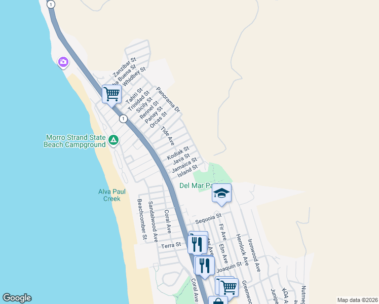 map of restaurants, bars, coffee shops, grocery stores, and more near 410 Java Street in Morro Bay