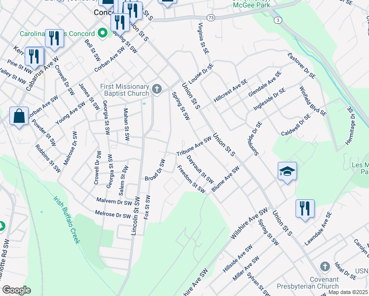 map of restaurants, bars, coffee shops, grocery stores, and more near 96 Tribune Avenue Southwest in Concord