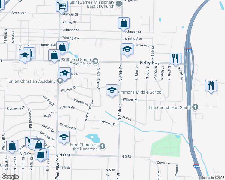 map of restaurants, bars, coffee shops, grocery stores, and more near 2201 North 50th Street in Fort Smith