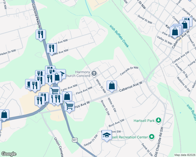 map of restaurants, bars, coffee shops, grocery stores, and more near 80 White Street Northwest in Concord