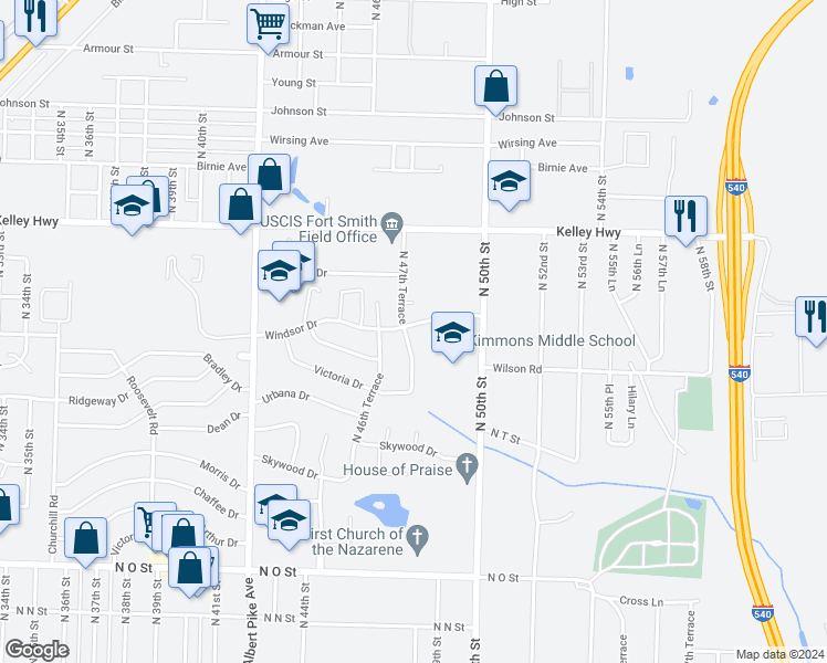 map of restaurants, bars, coffee shops, grocery stores, and more near 4706 Windsor Drive in Fort Smith