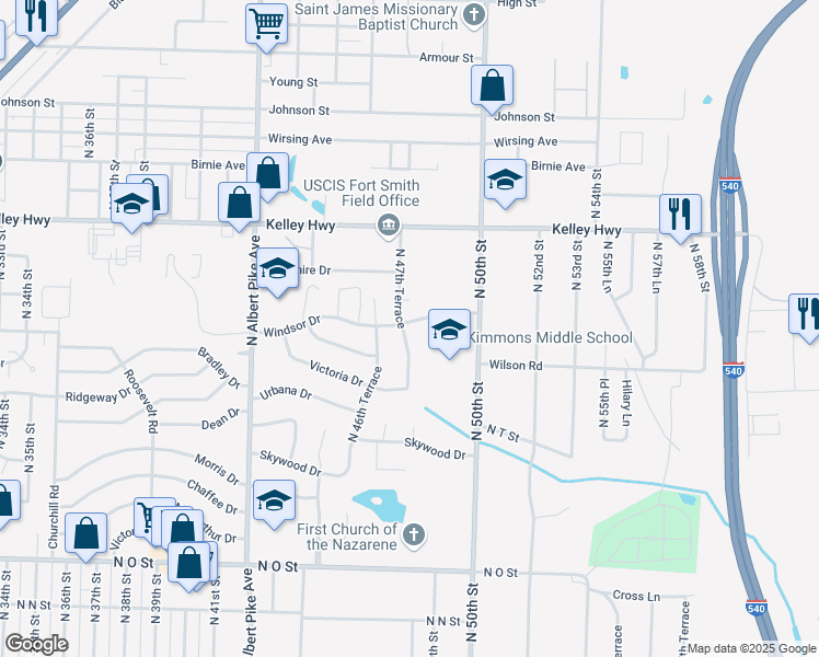 map of restaurants, bars, coffee shops, grocery stores, and more near 4704 Windsor Drive in Fort Smith