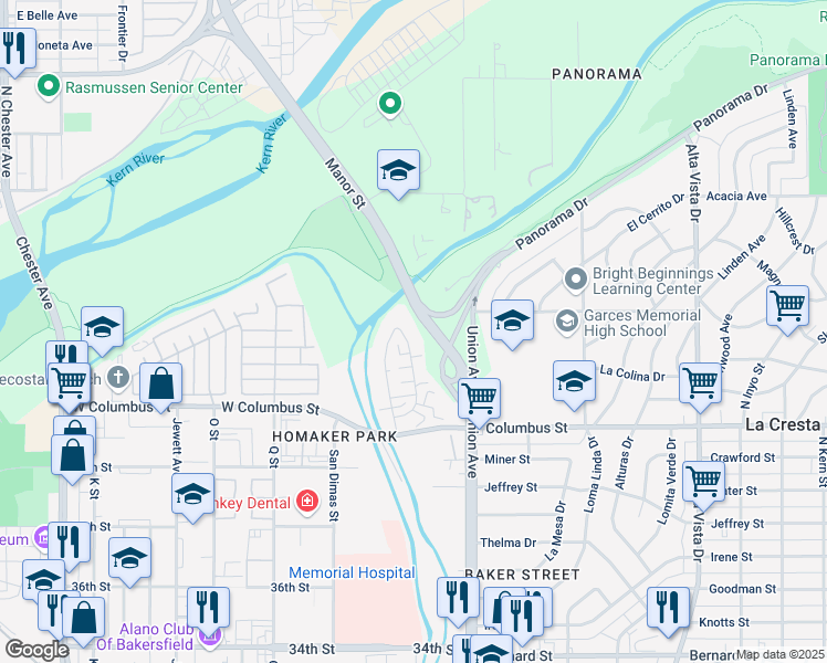 map of restaurants, bars, coffee shops, grocery stores, and more near 4413 Tierra Verde Street in Bakersfield