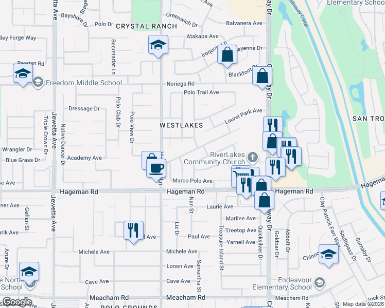map of restaurants, bars, coffee shops, grocery stores, and more near 4327 Fairmount Park Drive in Bakersfield