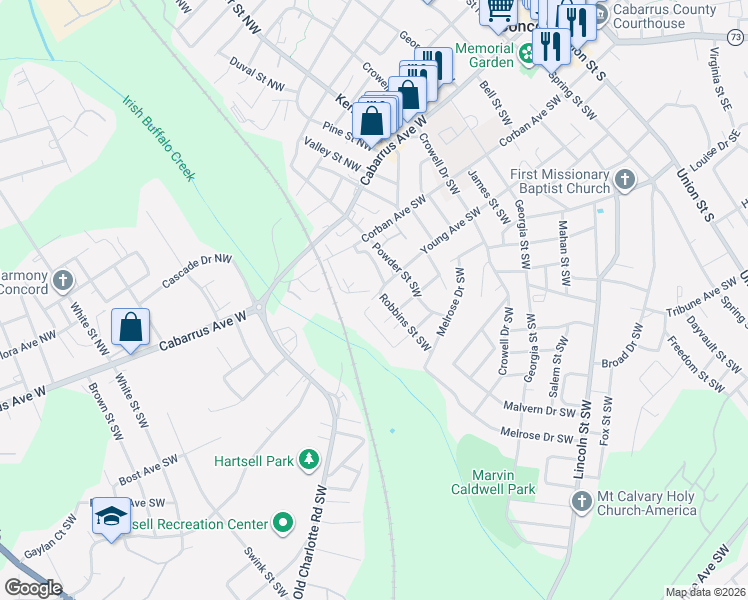 map of restaurants, bars, coffee shops, grocery stores, and more near 94 Glen Rae Street Southwest in Concord
