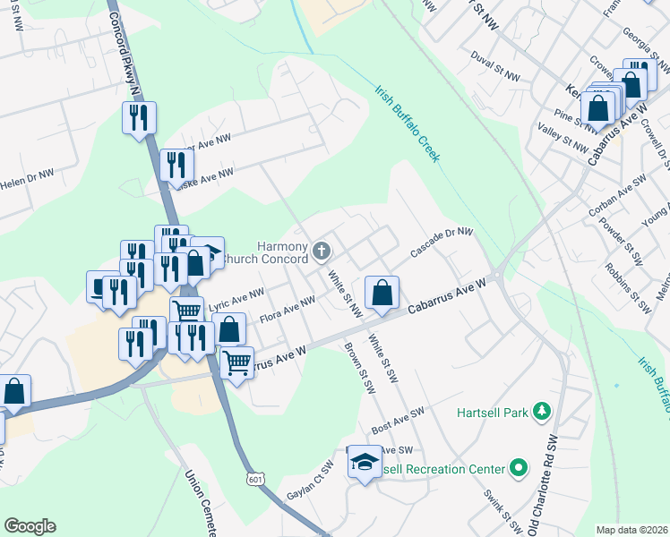 map of restaurants, bars, coffee shops, grocery stores, and more near 80 White Street Northwest in Concord