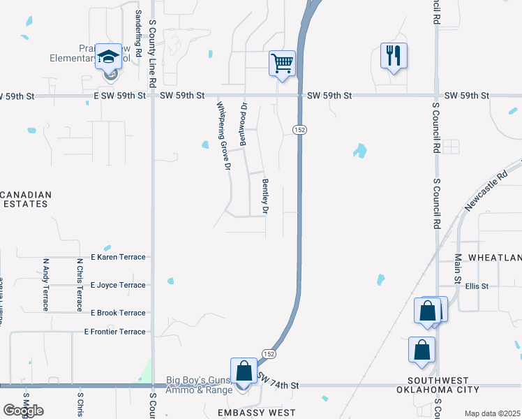 map of restaurants, bars, coffee shops, grocery stores, and more near 6537 Bentley Drive in Oklahoma City