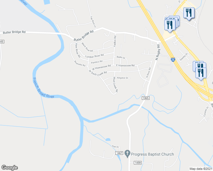 map of restaurants, bars, coffee shops, grocery stores, and more near 107 Mud Creek Road in Fletcher