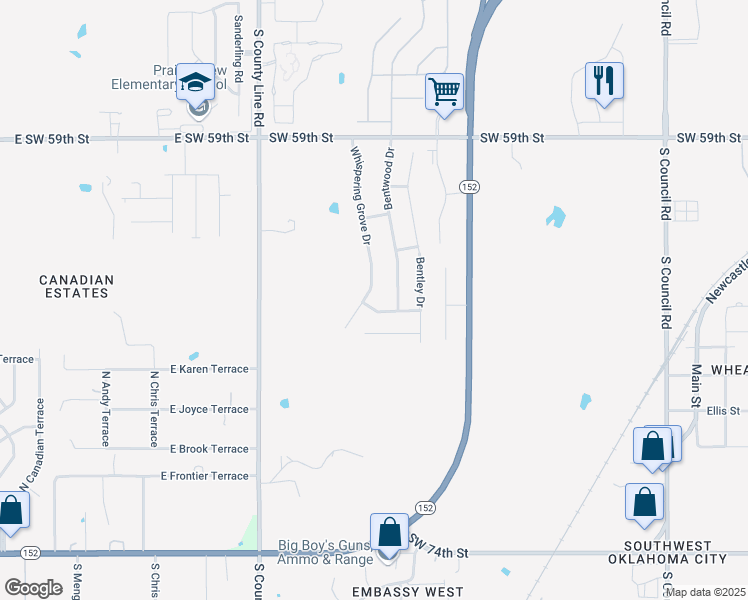 map of restaurants, bars, coffee shops, grocery stores, and more near 8708 Southwest 65th Street in Mustang