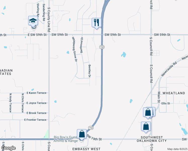 map of restaurants, bars, coffee shops, grocery stores, and more near 6529 Bent Wood Villas Drive in Oklahoma City