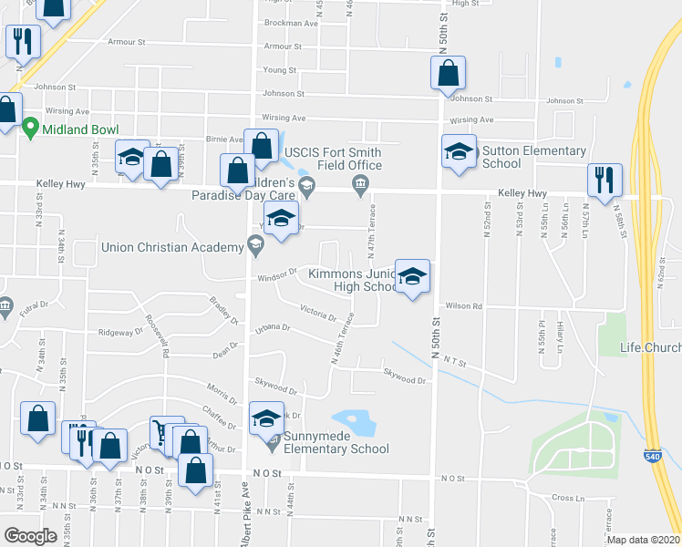 map of restaurants, bars, coffee shops, grocery stores, and more near 4527 Windsor Drive in Fort Smith