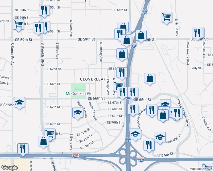 map of restaurants, bars, coffee shops, grocery stores, and more near 6520 South Lindsay Avenue in Oklahoma City