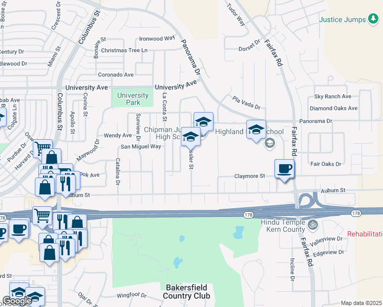 map of restaurants, bars, coffee shops, grocery stores, and more near 2801-2873 Eissler St in Bakersfield