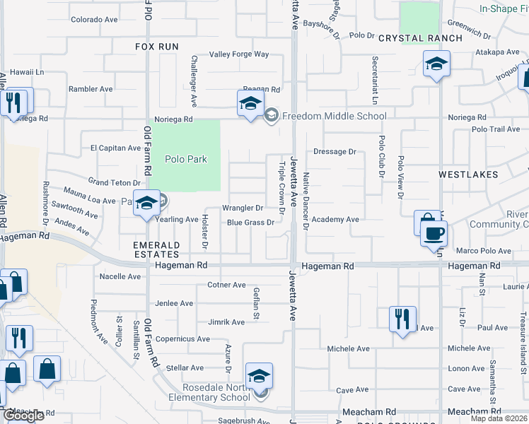 map of restaurants, bars, coffee shops, grocery stores, and more near 11433 Blue Grass Drive in Bakersfield