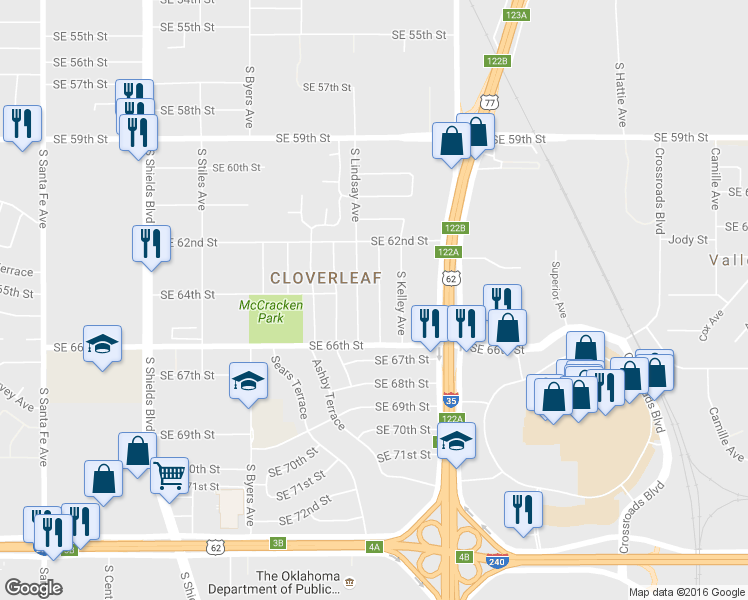 map of restaurants, bars, coffee shops, grocery stores, and more near 6520 South Lindsay Avenue in Oklahoma City