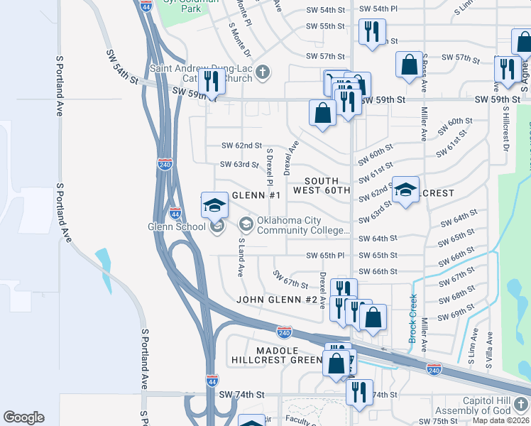 map of restaurants, bars, coffee shops, grocery stores, and more near 3116 Southwest 65th Street in Oklahoma City