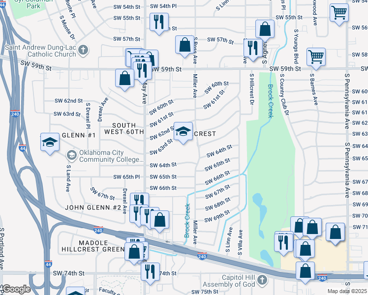 map of restaurants, bars, coffee shops, grocery stores, and more near 6421 Miller Avenue in Oklahoma City