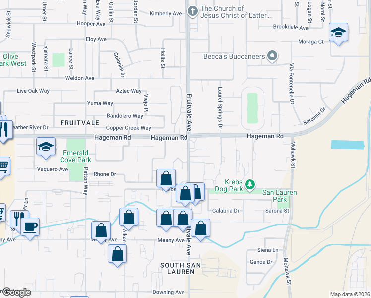 map of restaurants, bars, coffee shops, grocery stores, and more near 4401 Fruitvale Avenue in Bakersfield