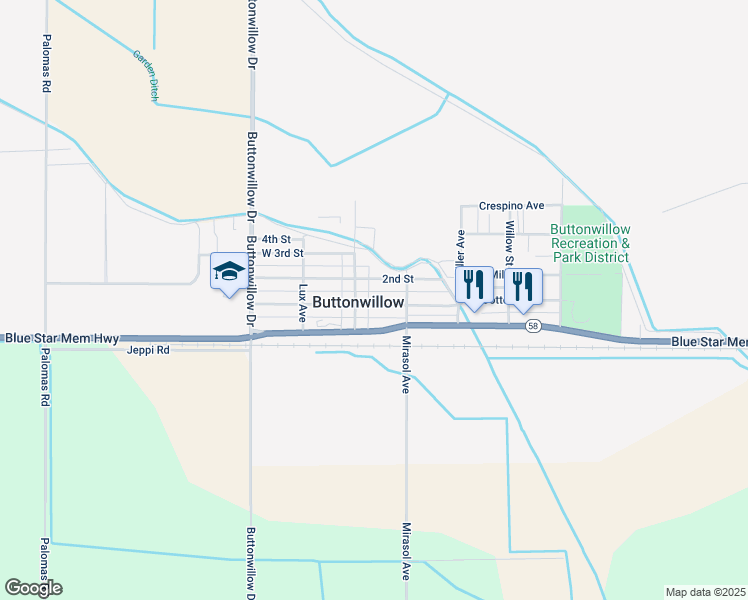 map of restaurants, bars, coffee shops, grocery stores, and more near 130 East 1st Street in Buttonwillow