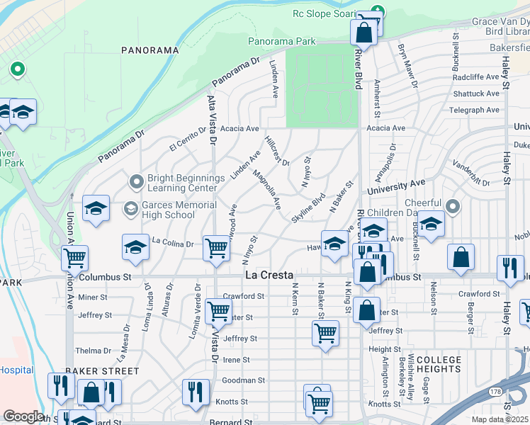 map of restaurants, bars, coffee shops, grocery stores, and more near 2878 North Inyo Street in Bakersfield
