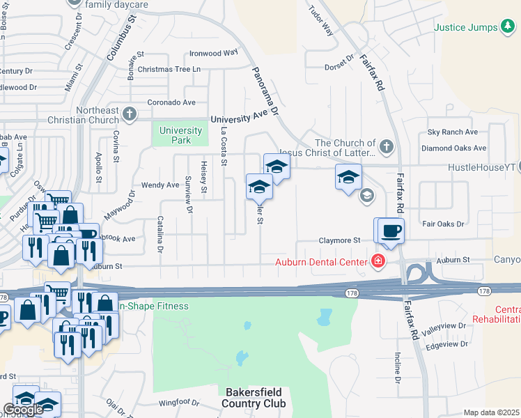 map of restaurants, bars, coffee shops, grocery stores, and more near 2905 Eissler Street in Bakersfield