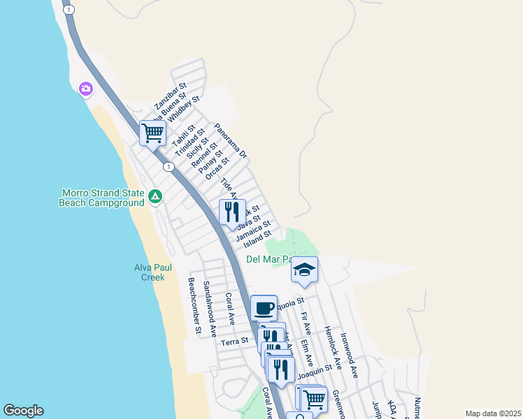 map of restaurants, bars, coffee shops, grocery stores, and more near 410 Java Street in Morro Bay