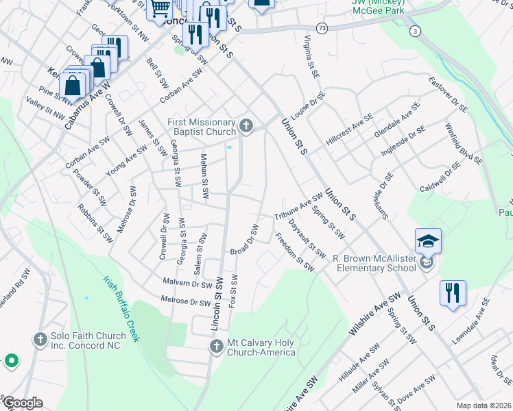 map of restaurants, bars, coffee shops, grocery stores, and more near 303 Broad Drive Southwest in Concord