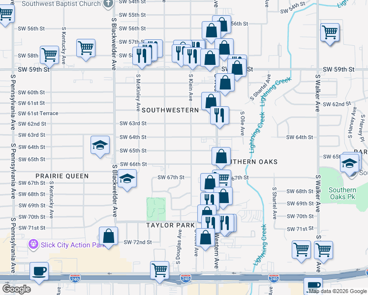 map of restaurants, bars, coffee shops, grocery stores, and more near 1012 Southwest 65th Street in Oklahoma City