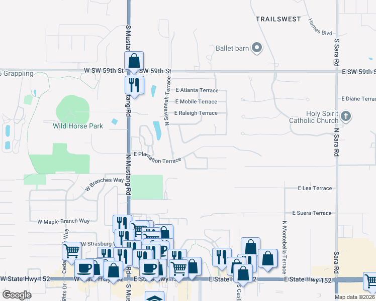 map of restaurants, bars, coffee shops, grocery stores, and more near 905 East Magnolia Terrace in Mustang