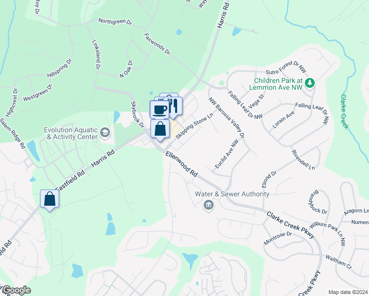 map of restaurants, bars, coffee shops, grocery stores, and more near 11119 J. C. Murray Drive Northwest in Concord