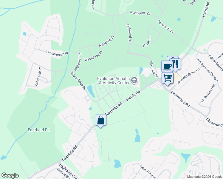 map of restaurants, bars, coffee shops, grocery stores, and more near 9817 Skybluff Circle in Huntersville