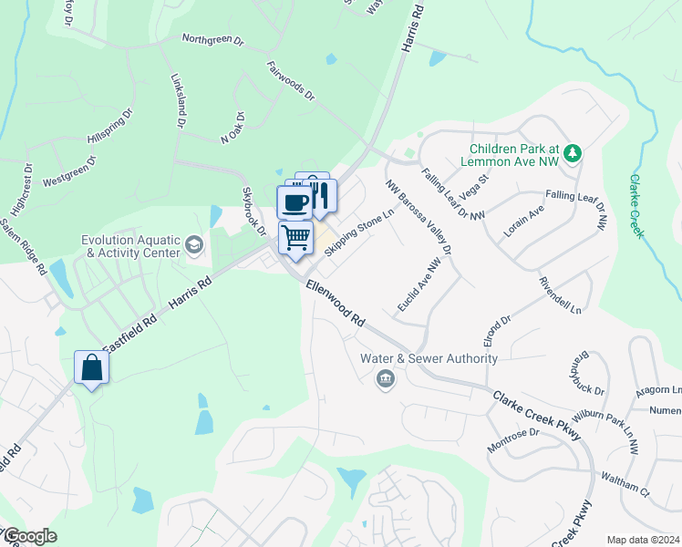 map of restaurants, bars, coffee shops, grocery stores, and more near 11119 J. C. Murray Drive Northwest in Concord