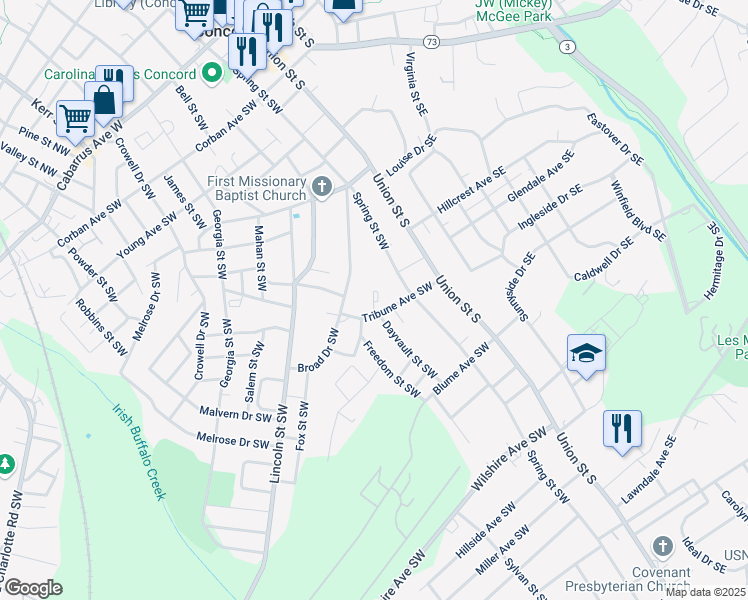 map of restaurants, bars, coffee shops, grocery stores, and more near 98 Tribune Avenue Southwest in Concord