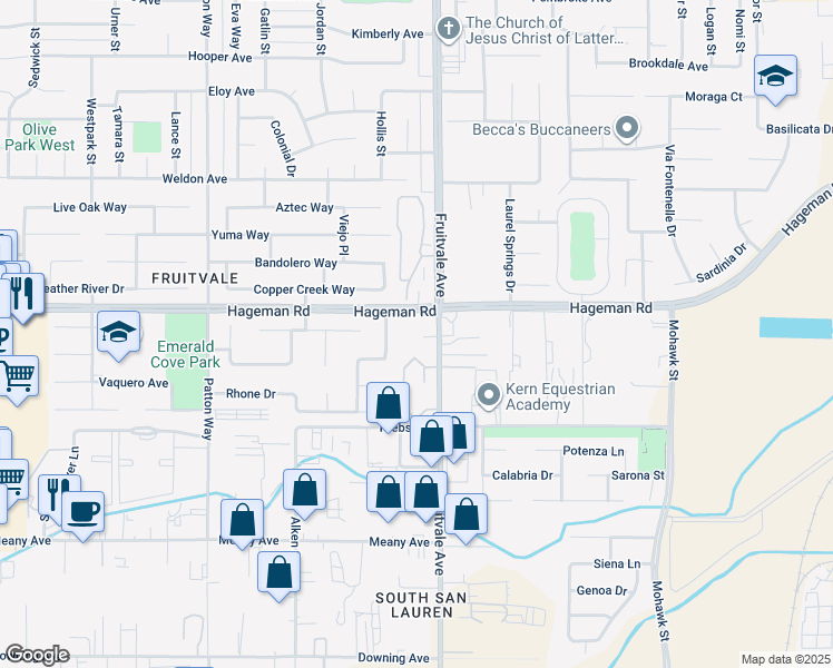 map of restaurants, bars, coffee shops, grocery stores, and more near 4400 River Glen Drive in Bakersfield