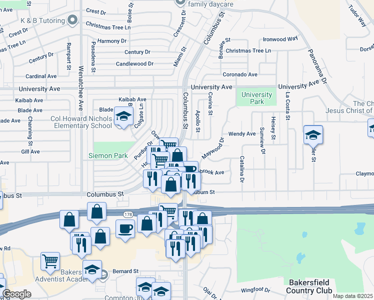 map of restaurants, bars, coffee shops, grocery stores, and more near 2949 Oswell Street in Bakersfield